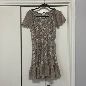 Umgee Women Sage Green Floral Mixed Print Flutter Sleeve Ruffle Mini Dress M